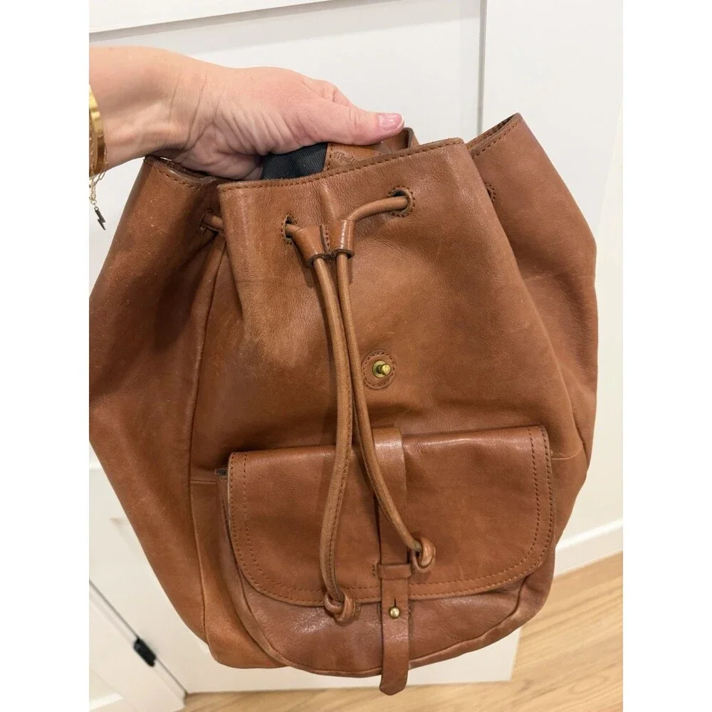 Madewell Brown Leather Lined Drawstring Backpack Buckle Flap Pocket
